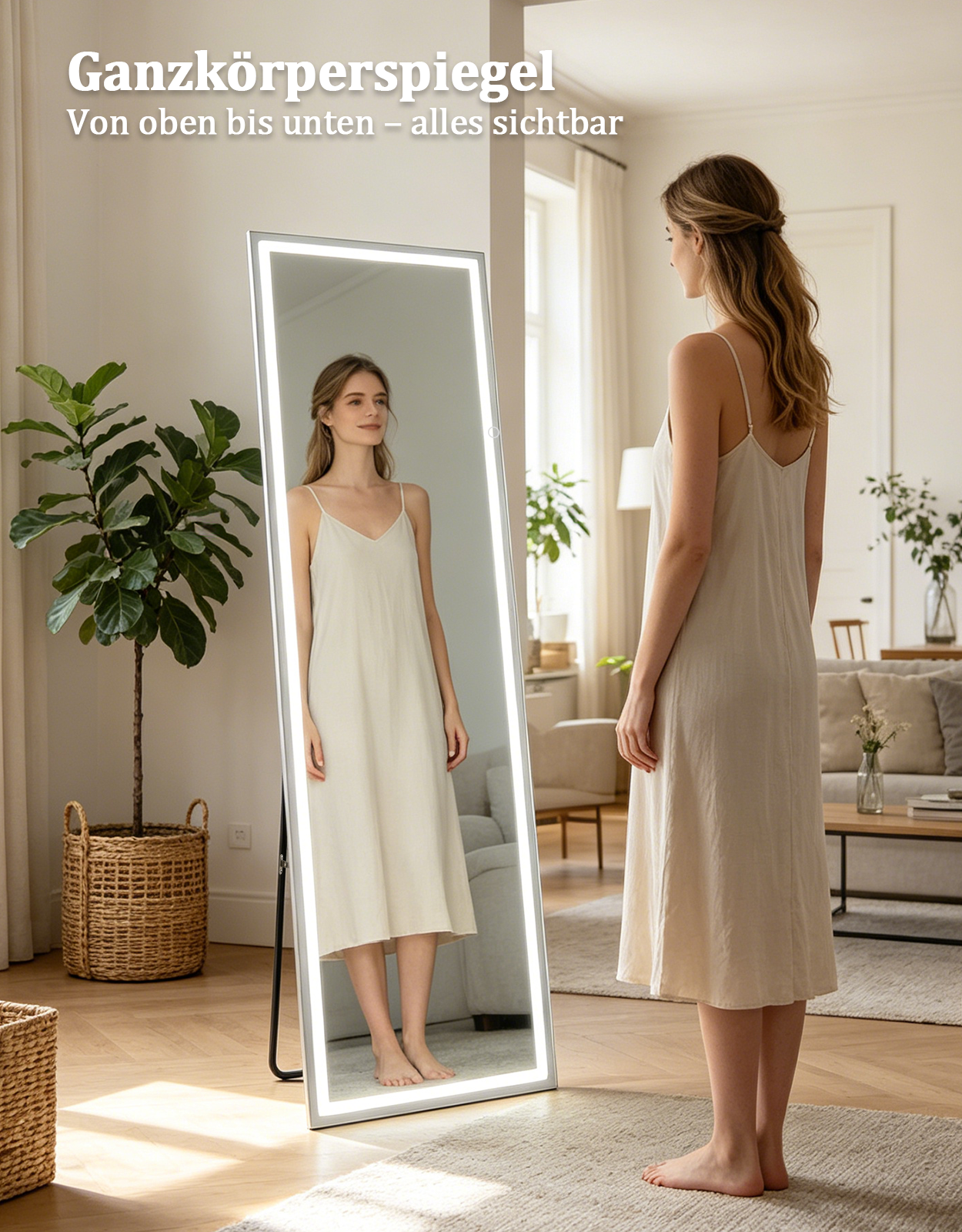 Una mujer con un vestido claro se mira en un gran espejo de cuerpo entero iluminado en una sala de estar moderna.