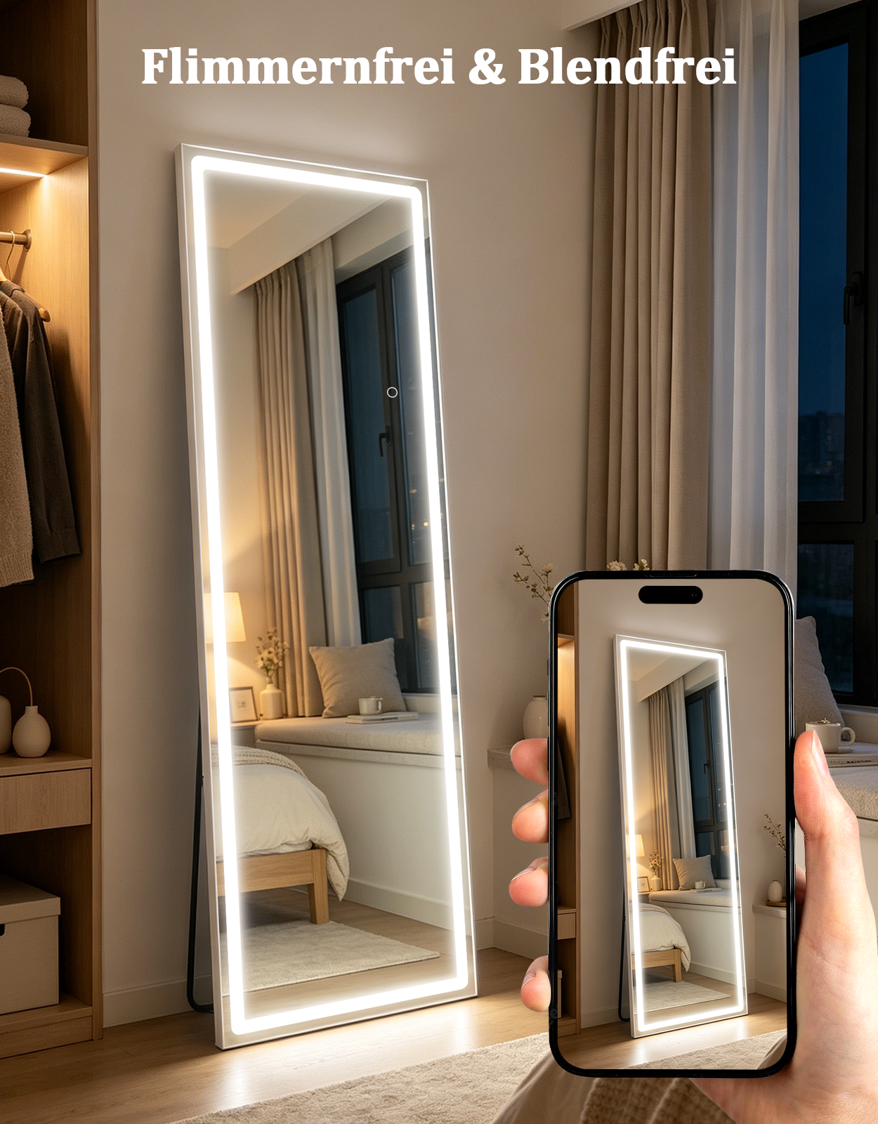 Un gran espejo iluminado de cuerpo entero en una habitación moderna, con un teléfono inteligente capturándolo.