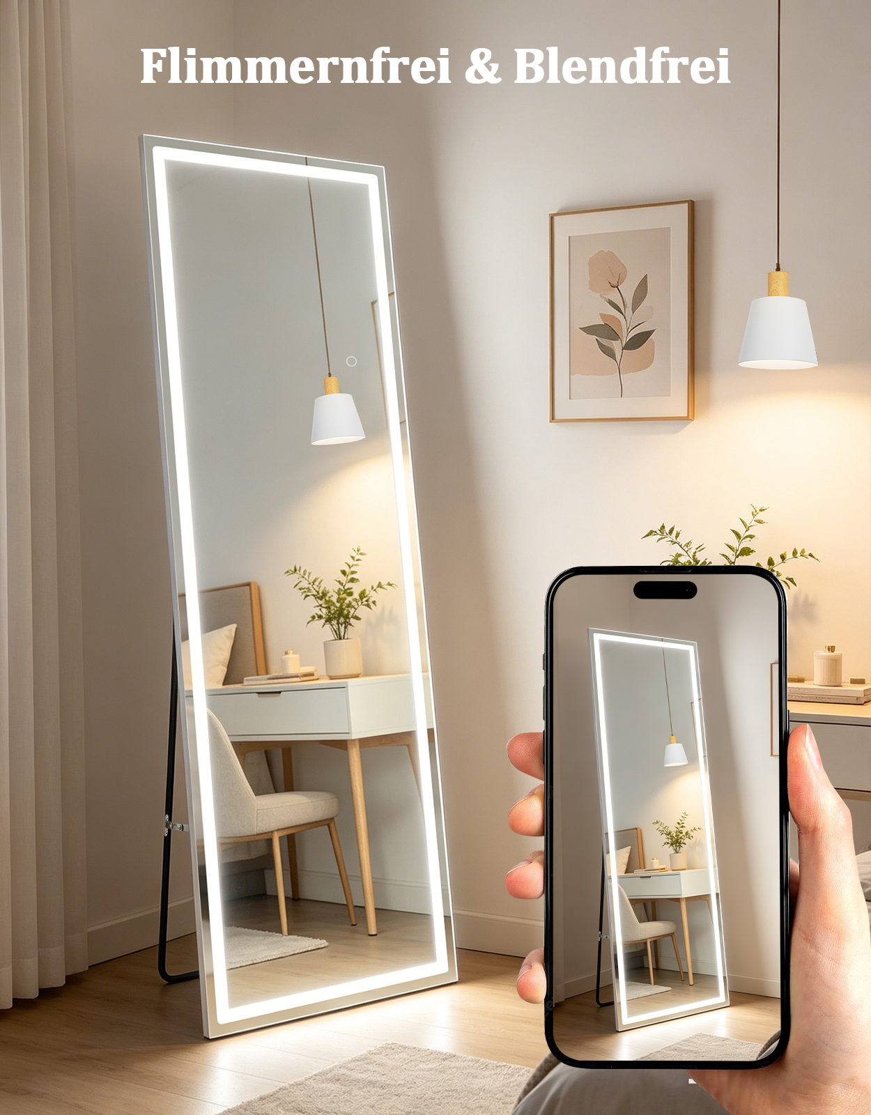 Un espejo de cuerpo entero con luz LED en un dormitorio luminoso, fotografiado con un teléfono.