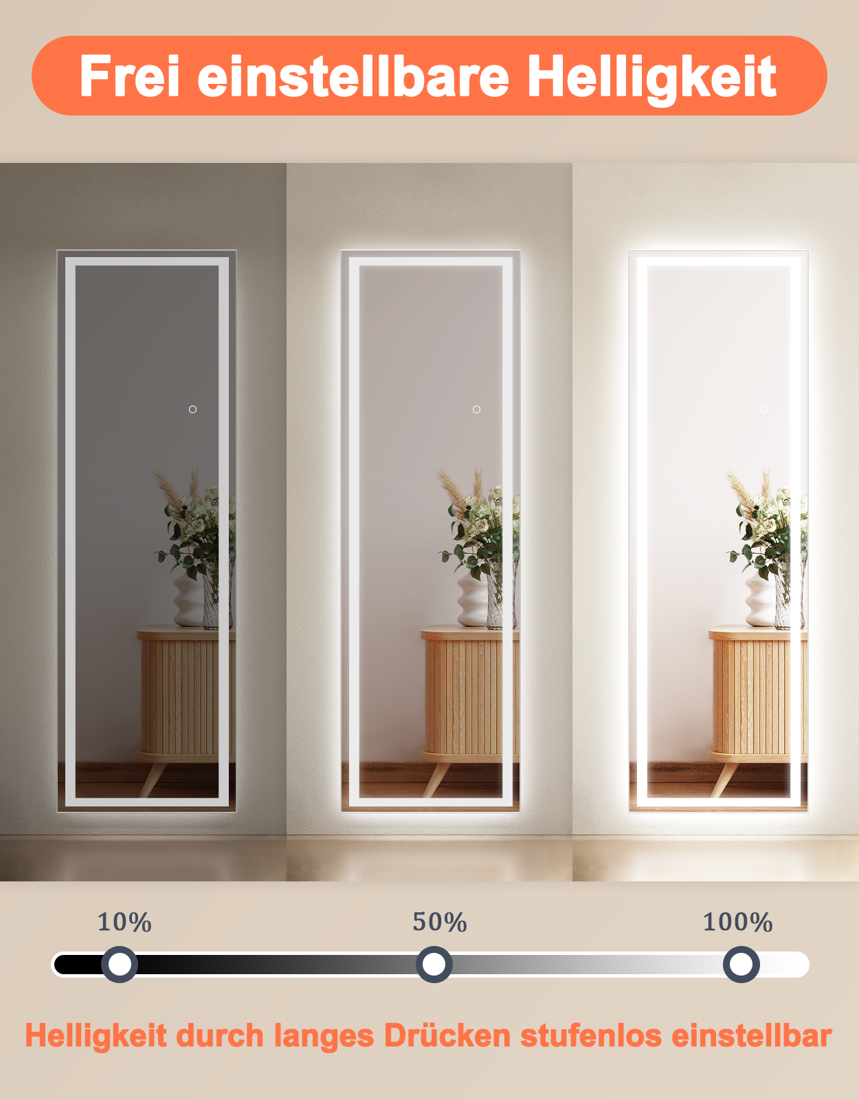 Tres espejos LED muestran diferentes niveles de brillo del 10% al 100% con un control deslizante abajo.