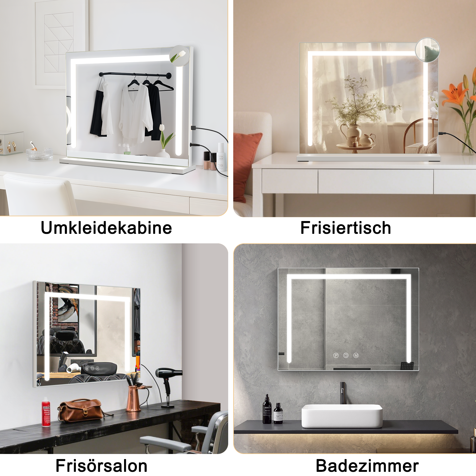 Cuatro imágenes muestran el mismo espejo con luz LED en diferentes habitaciones: vestidor, tocador, peluquería, baño.