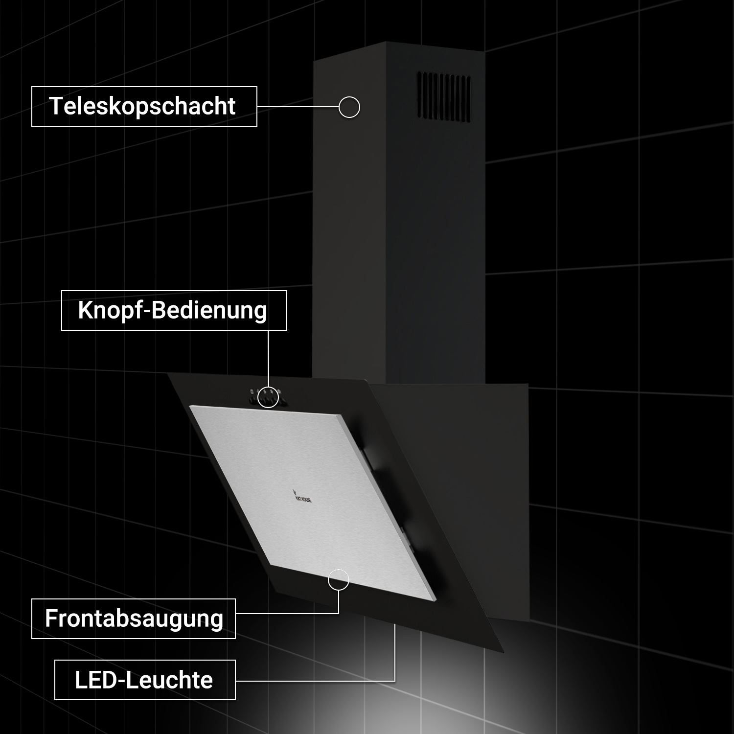 Cappa aspirante nera su parete di piastrelle scure con camino telescopico, comandi a pulsante e luce LED.