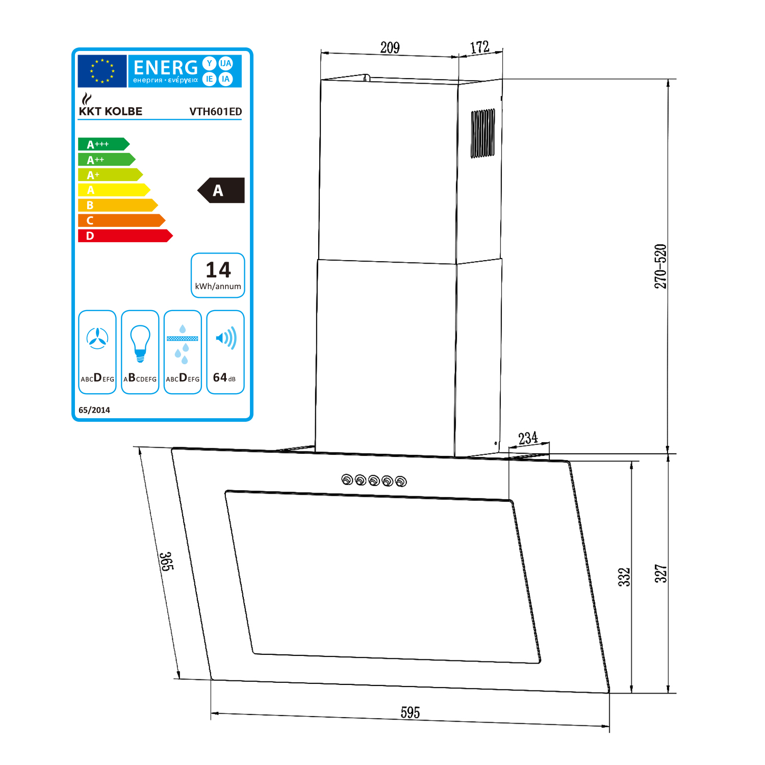 Disegno tecnico di una cappa da cucina con dimensioni ed etichetta di efficienza energetica.