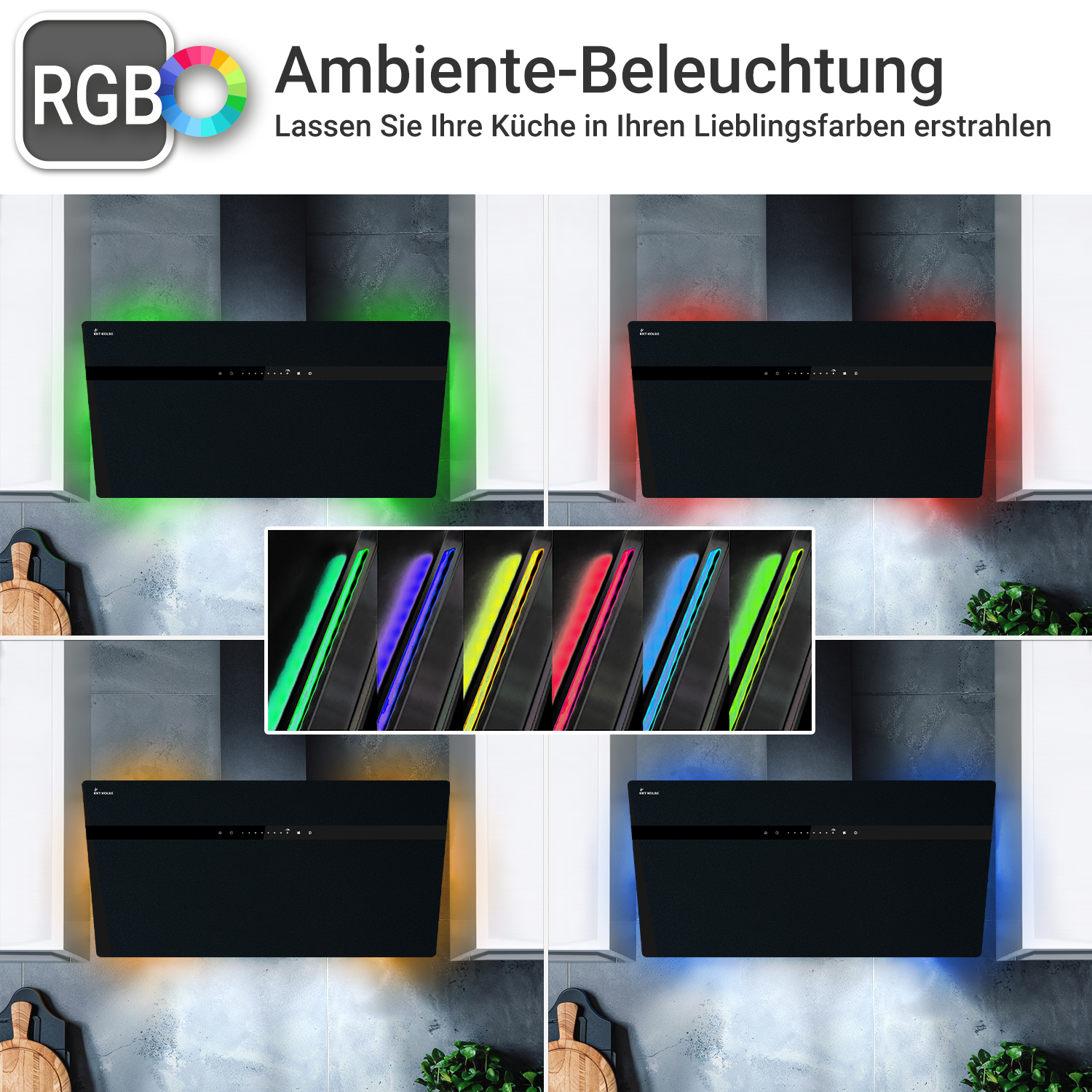 Cappa aspirante nera con illuminazione ambientale RGB in vari colori in una cucina moderna.