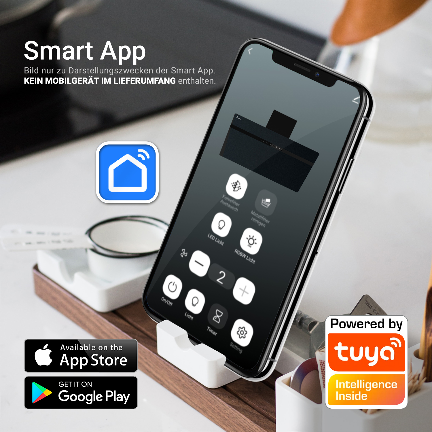 Smartphone su supporto con un'app per la casa intelligente per controllare una cappa da cucina.