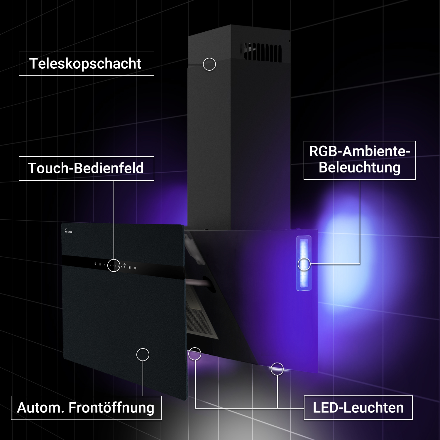 Schema di una cappa aspirante nera con condotto telescopico, pannello touch, illuminazione RGB e apertura frontale.