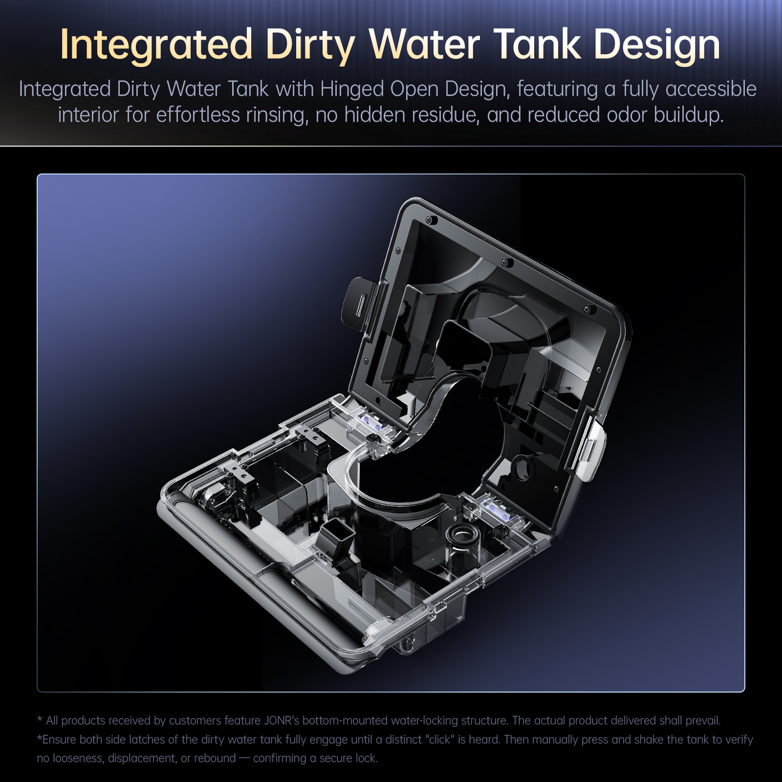 Een open, transparante vuilwatertank met toegankelijk interieur voor eenvoudig reinigen.