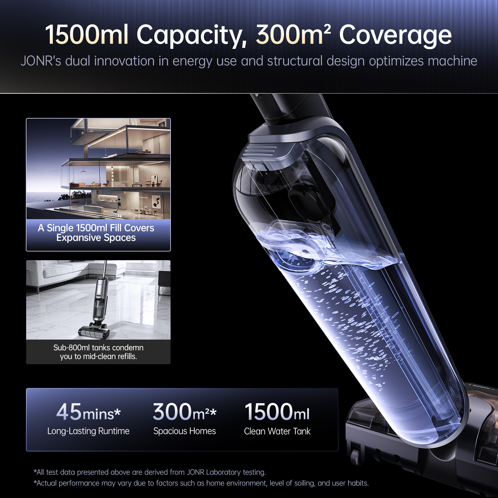 Une image de produit montre le grand réservoir d'eau d'un aspirateur d'une capacité de 1500 ml.