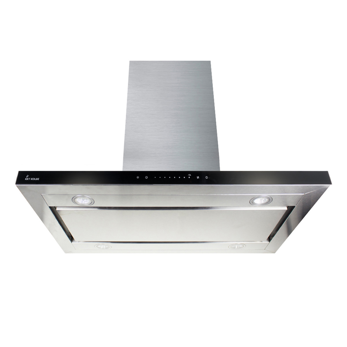 Moderna cappa aspirante in acciaio inox con pannello in vetro nero e luci integrate su sfondo bianco.