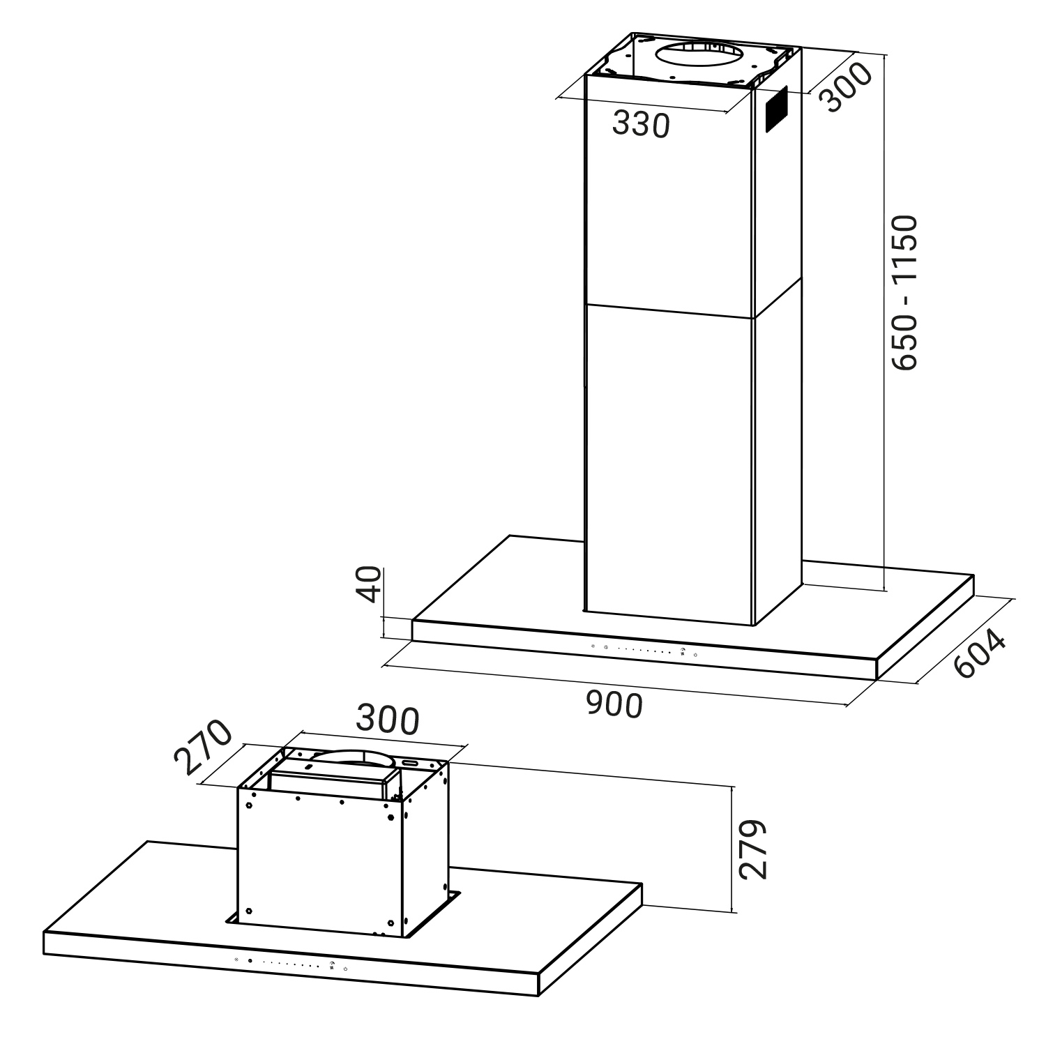 Disegno tecnico di una cappa da cucina con dimensioni in millimetri.