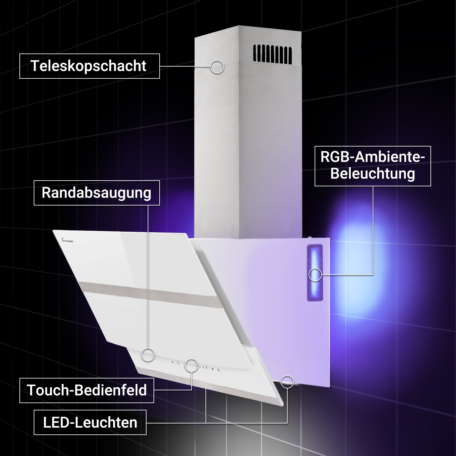 Moderna cappa aspirante bianca con camino telescopico, pannello a sfioramento, luci LED e illuminazione RGB.