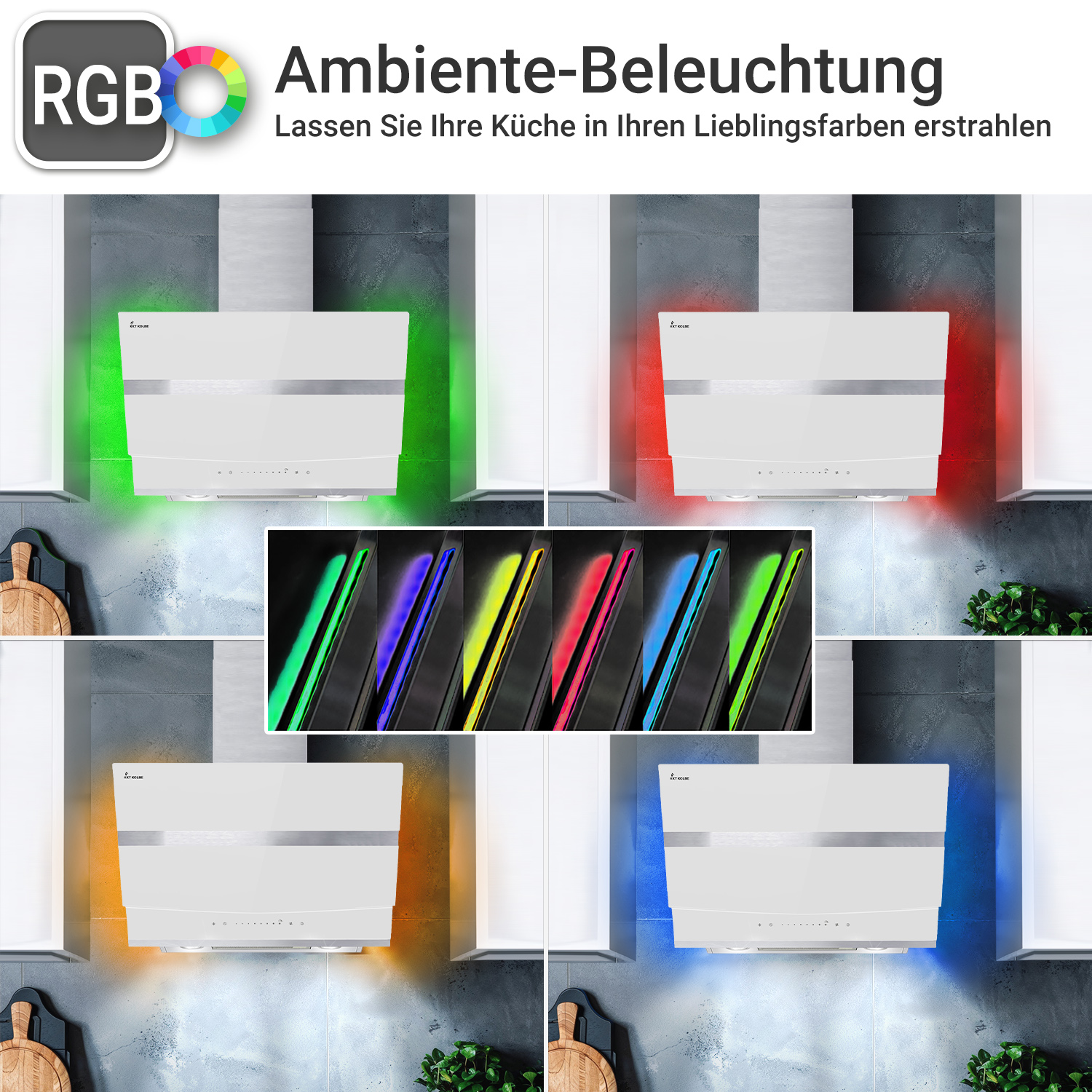 Una cappa aspirante bianca con retroilluminazione RGB personalizzabile in vari colori.