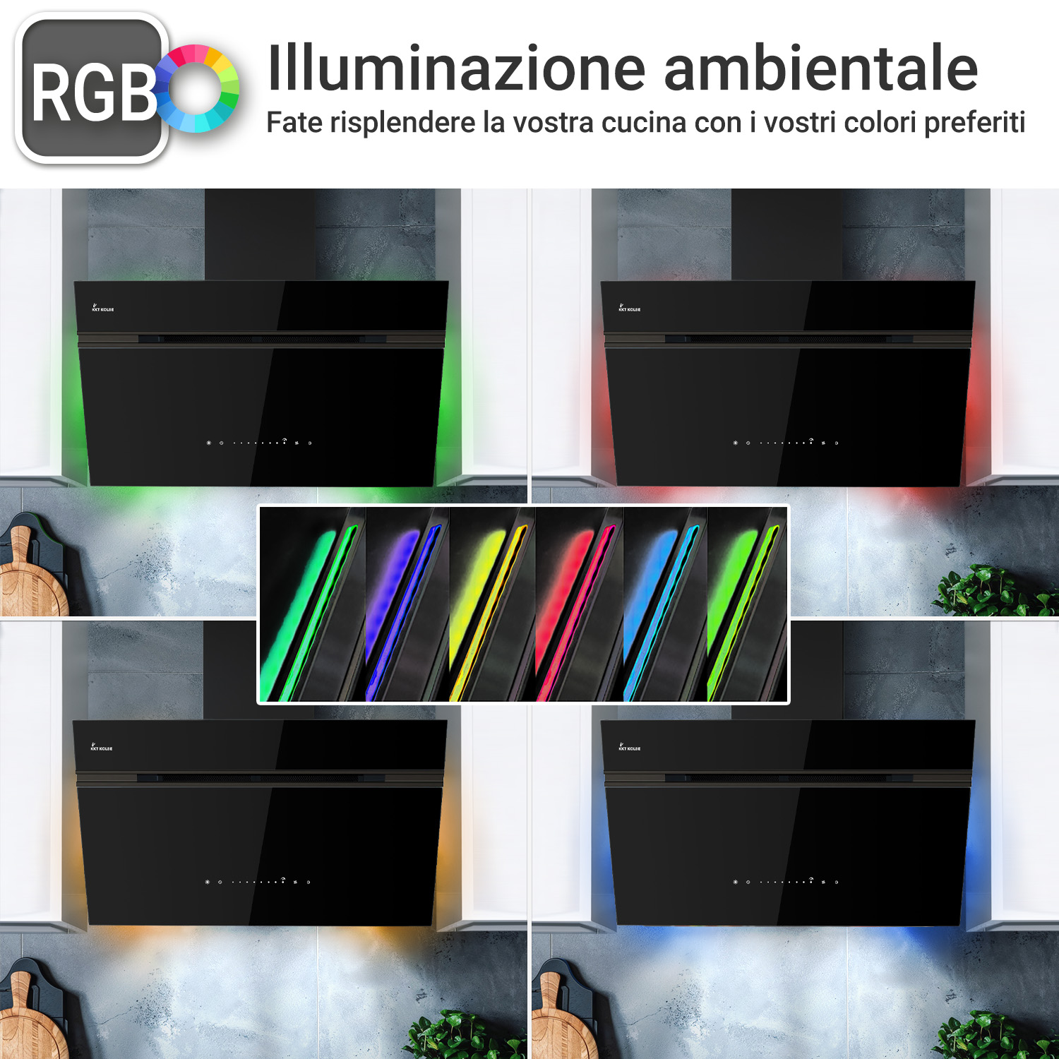 Cappa aspirante nera con illuminazione ambientale RGB personalizzabile.