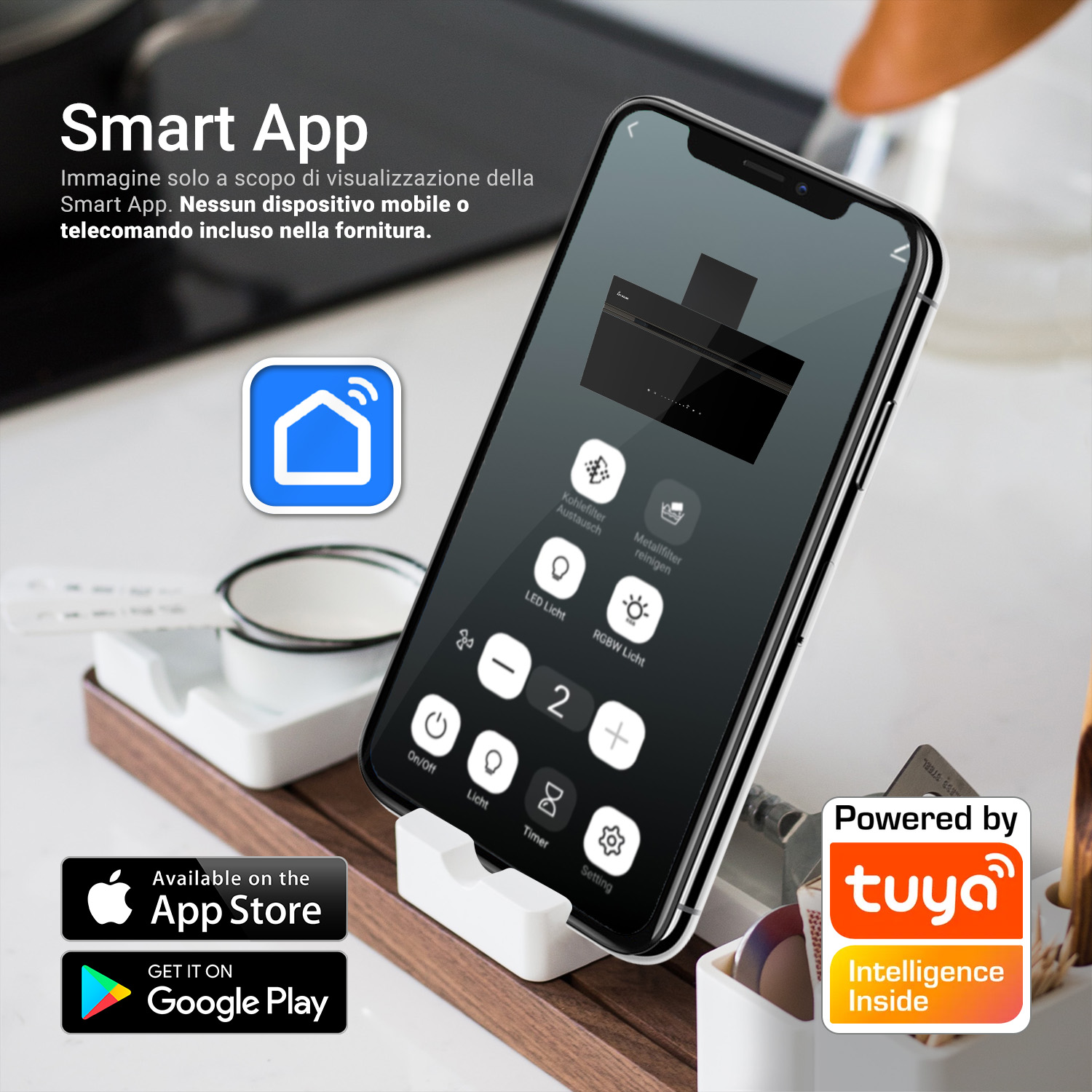 Smartphone con app per la casa intelligente che controlla una cappa da cucina.
