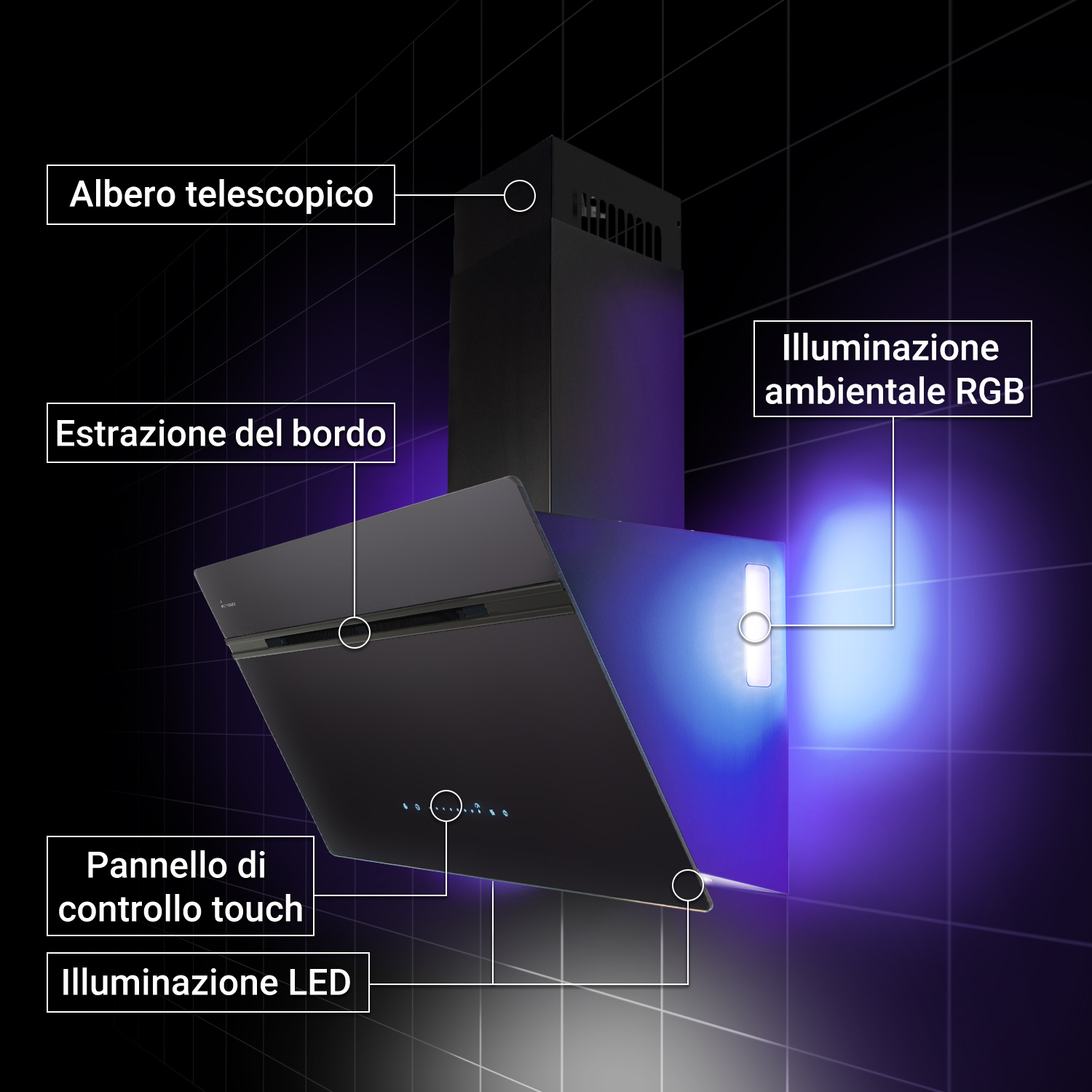Cappa aspirante nera con pannello touch, illuminazione RGB e luce LED davanti a una parete piastrellata.