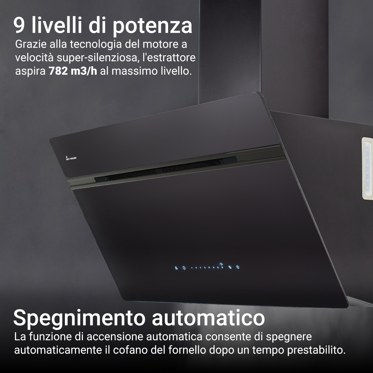 Moderna cappa da cucina nera con comandi a sfioramento e testo in italiano.