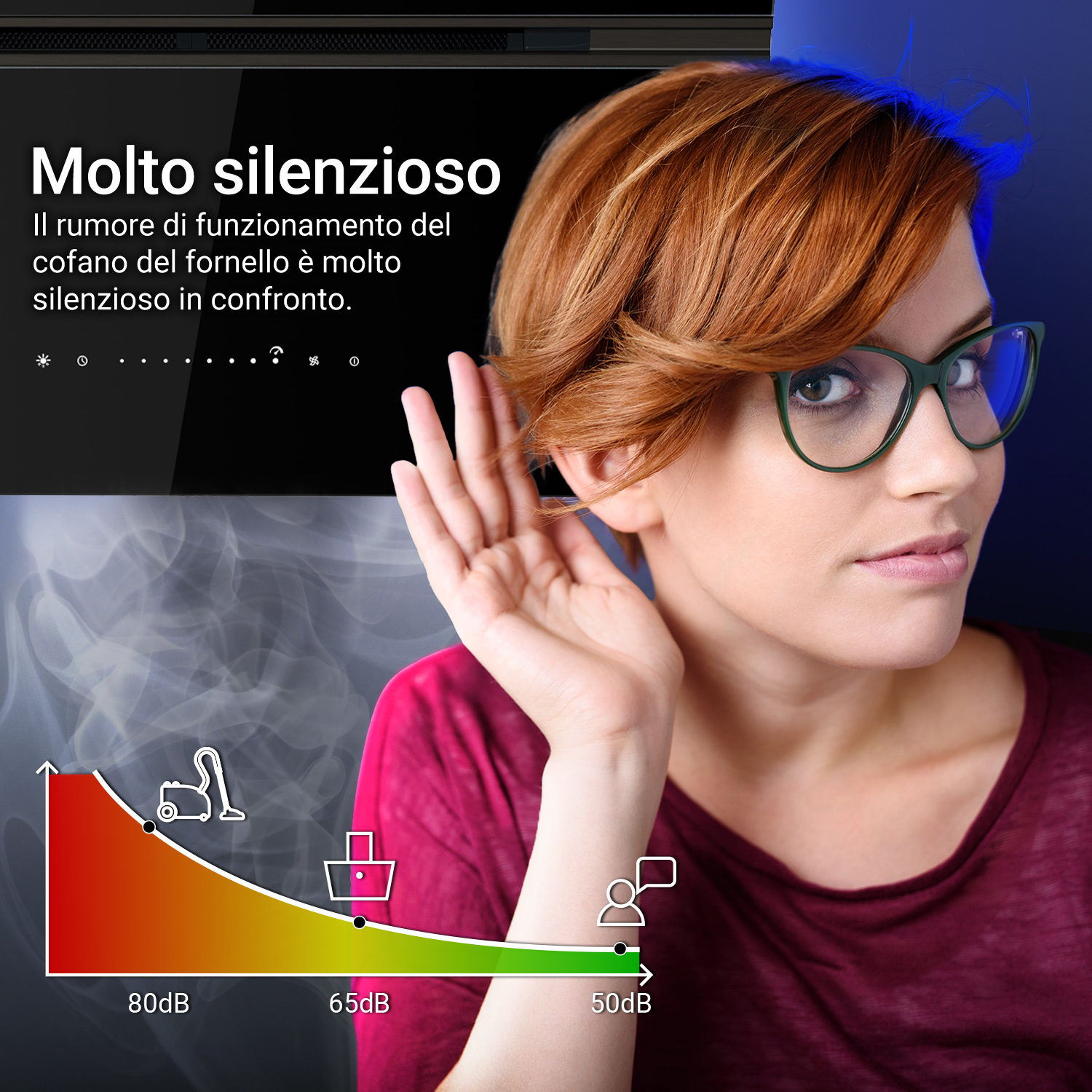 Una donna con capelli rossi e occhiali ascolta con un grafico del livello di rumore.