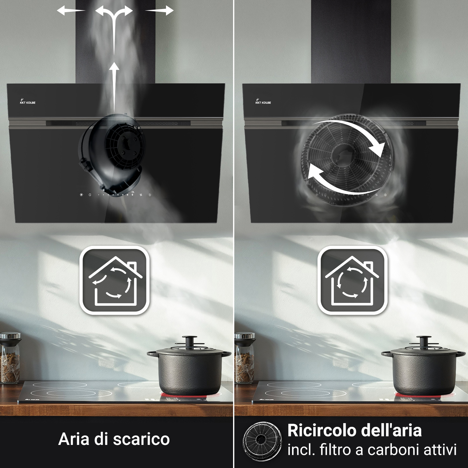 Confronto tra due modalità di cappa: aria di scarico a sinistra e ricircolo con filtro a carboni attivi a destra.