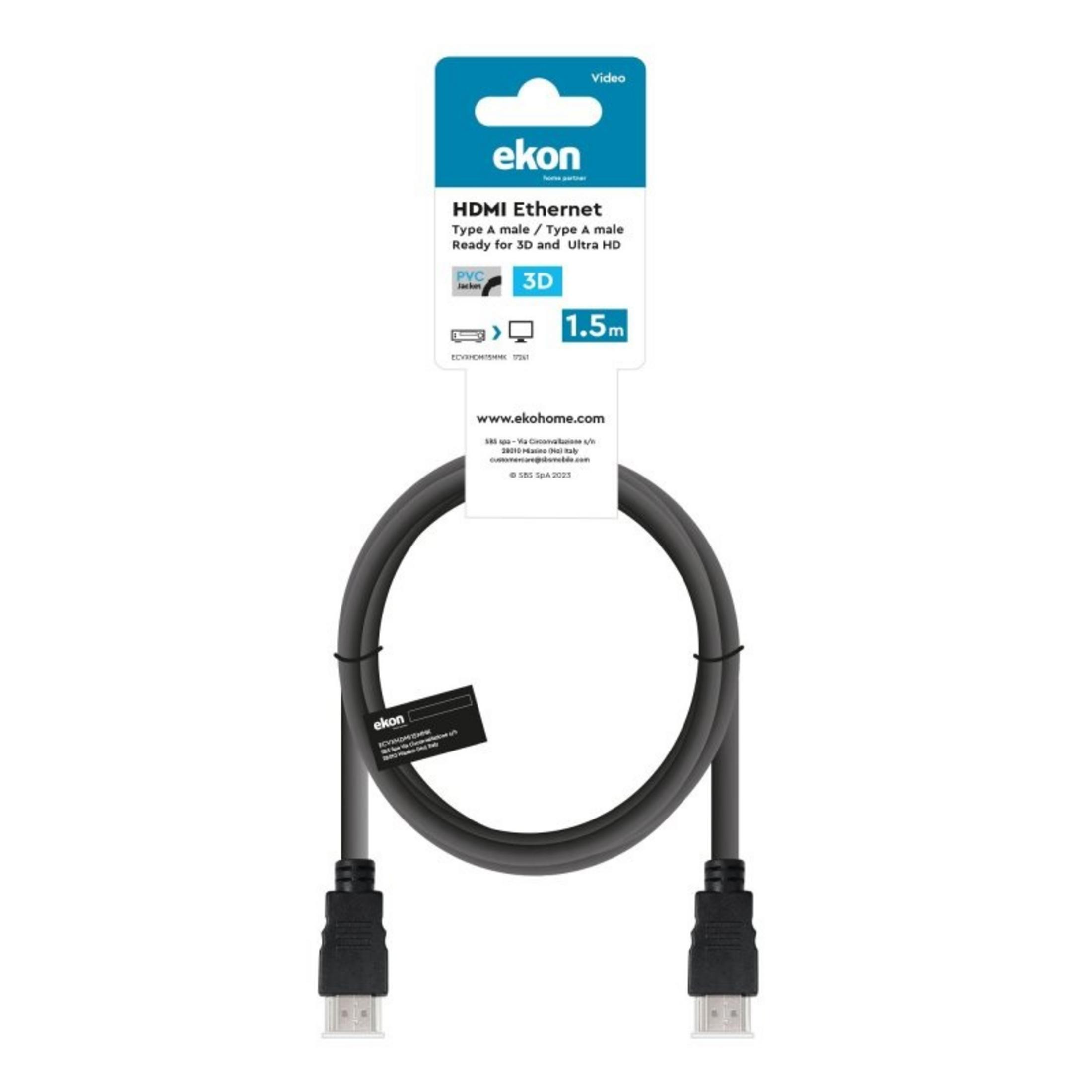 Un cable HDMI Ethernet negro de 1,5 m con embalaje Ekon.