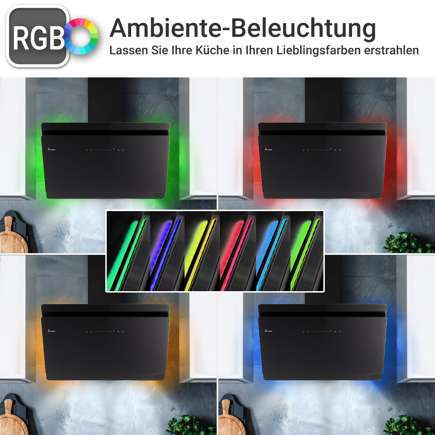 Cappa aspirante nera con illuminazione ambientale RGB personalizzabile in vari colori.