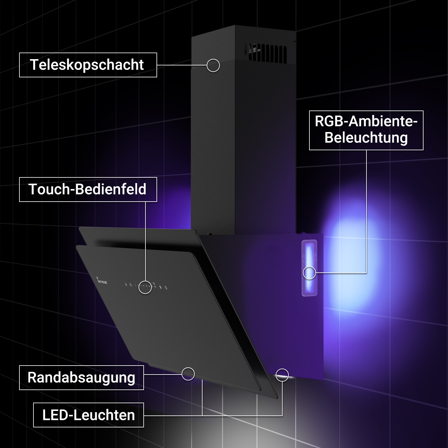 Moderna cappa da cucina nera con controllo touch, illuminazione RGB e condotto telescopico su parete di piastrelle scure.