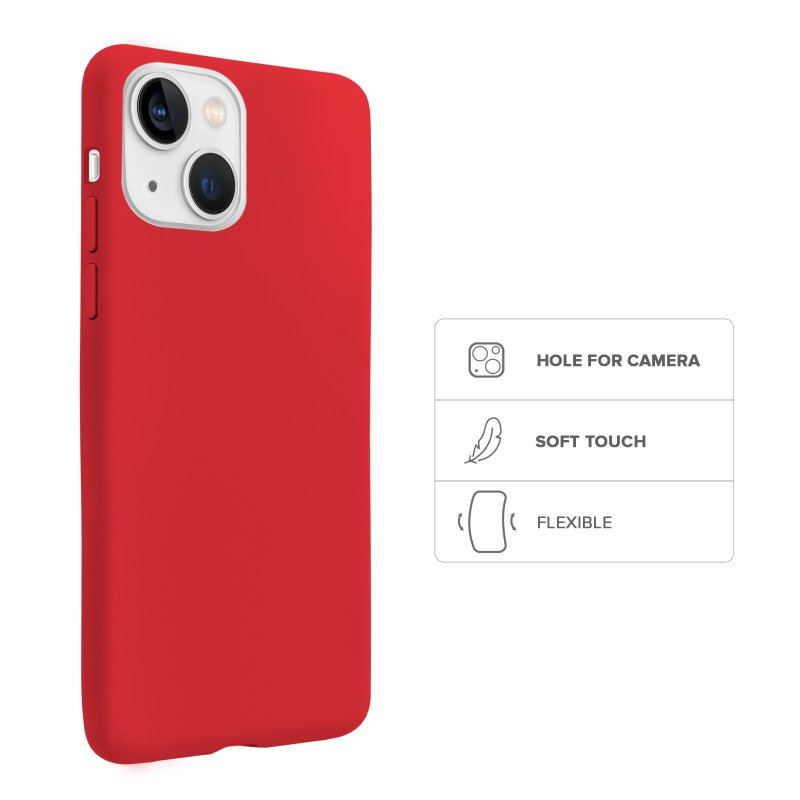 Funda roja para smartphone con recorte para cámara, tacto suave e iconos flexibles a la derecha sobre fondo blanco.