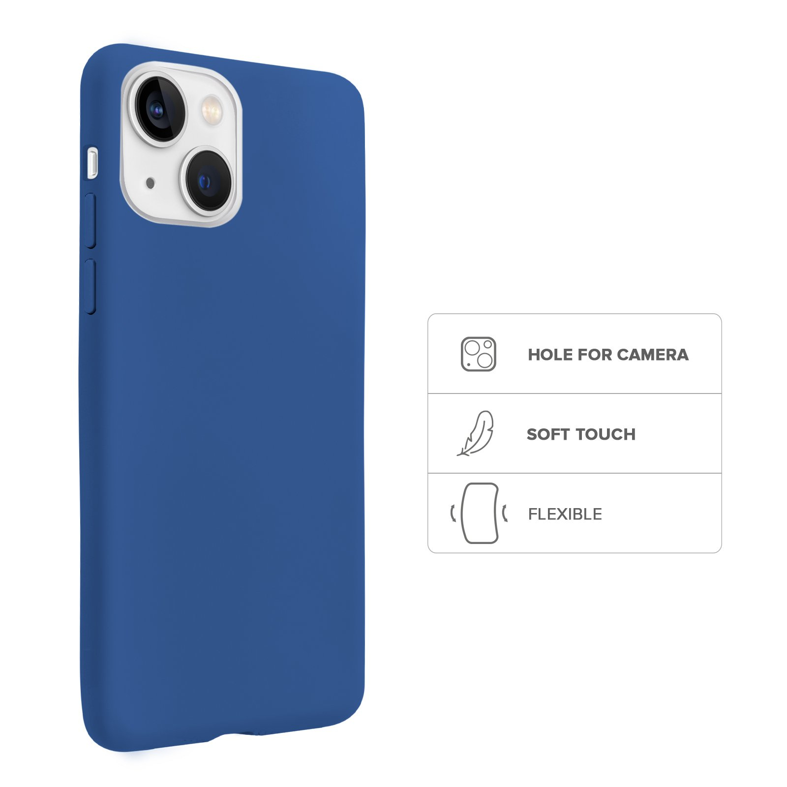 Funda de móvil azul con abertura para cámara e iconos de suave y flexible.