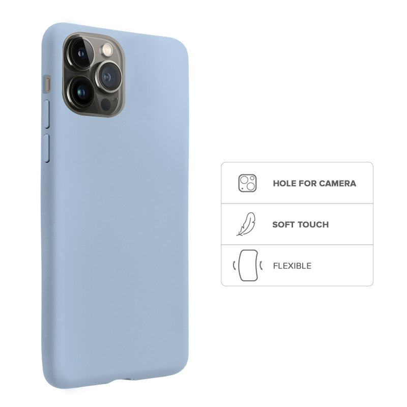 Fundas de móvil azul claro con apertura para cámara e iconos que indican cámara, tacto suave y flexibilidad.