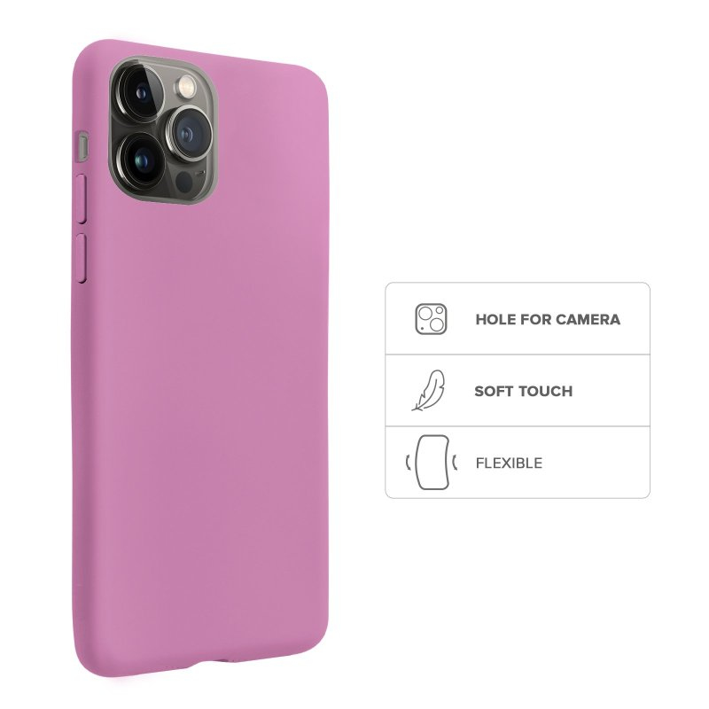 Una funda rosa para smartphone con recorte para la cámara, tacto suave y flexibilidad.