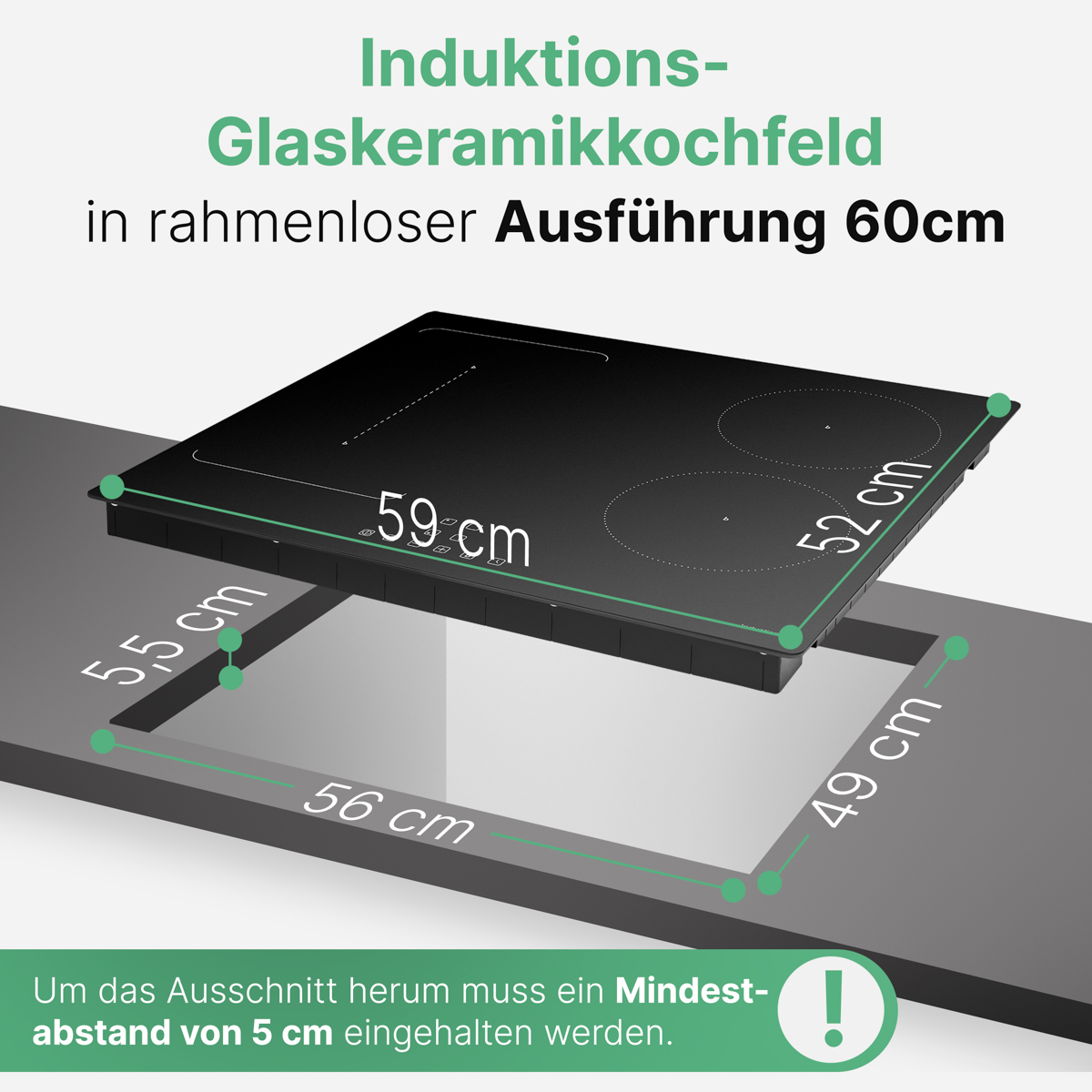 Diagramm zeigt die Einbaumaße eines 60 cm Induktions-Glaskeramikkochfelds mit Cutout-Details.