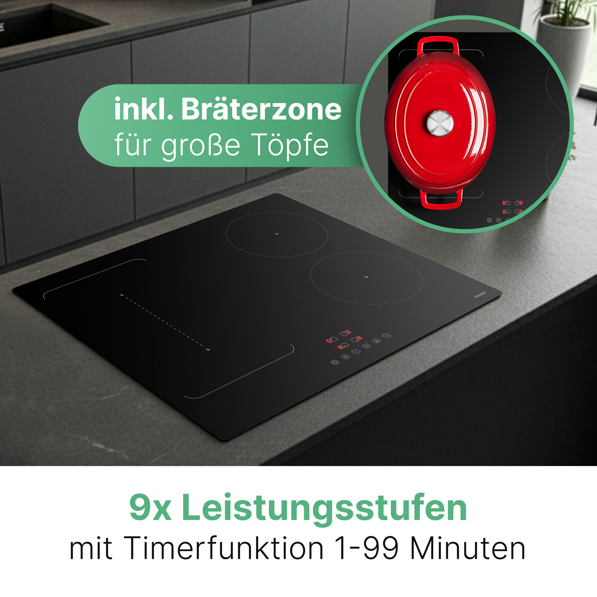Schwarzes Induktionskochfeld mit Bräterzone und rotem Topf in einem kreisförmigen Ausschnitt, Text unten.