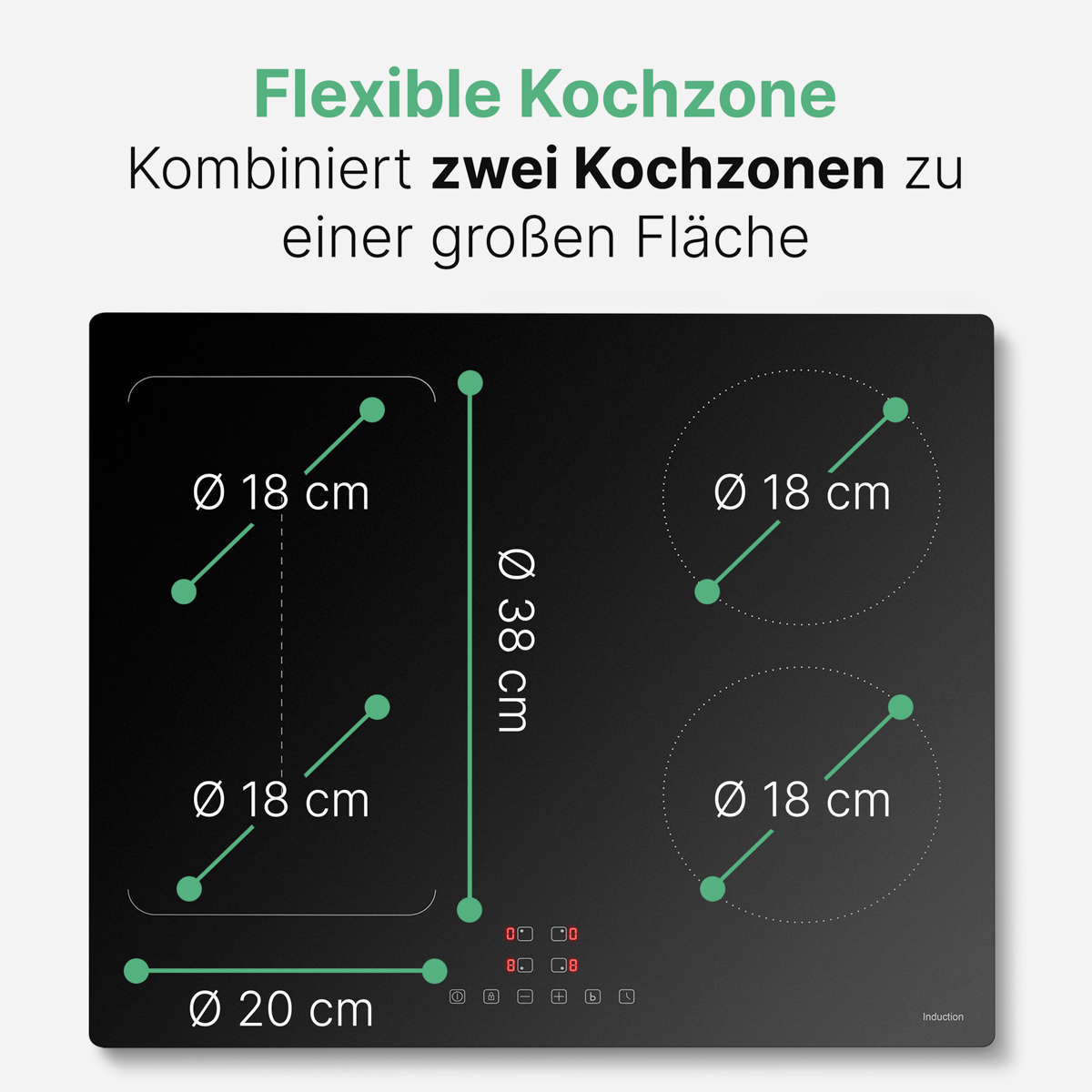 Diagramm eines Induktionskochfelds mit vier 18-cm-Zonen und einer flexiblen 38-cm-Kombizone.