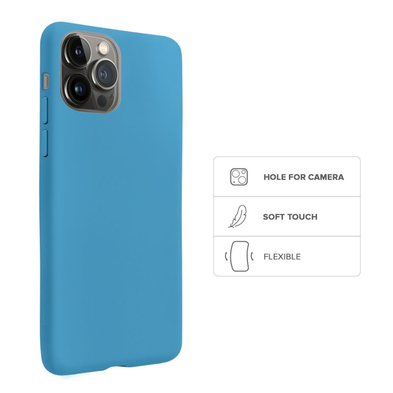 Funda azul para smartphone que destaca orificio para cámara, tacto suave y diseño flexible.