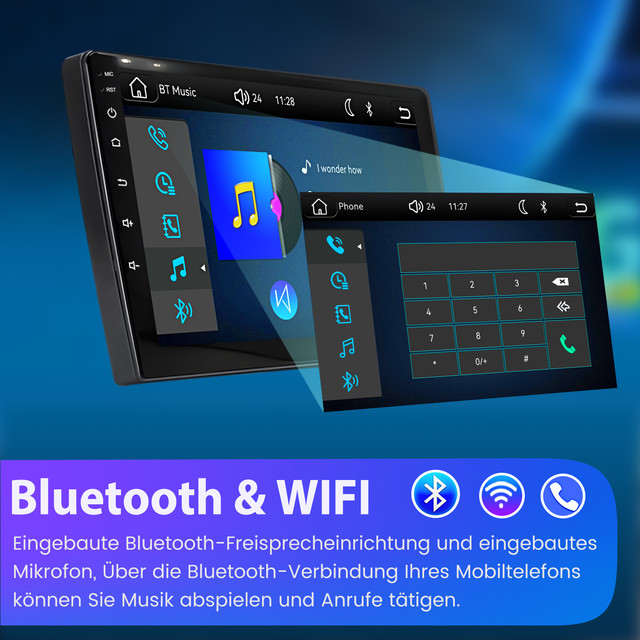 Ein Autoradio-Display zeigt Bluetooth-Musik und Telefon-Schnittstellen mit deutschem Text unten.