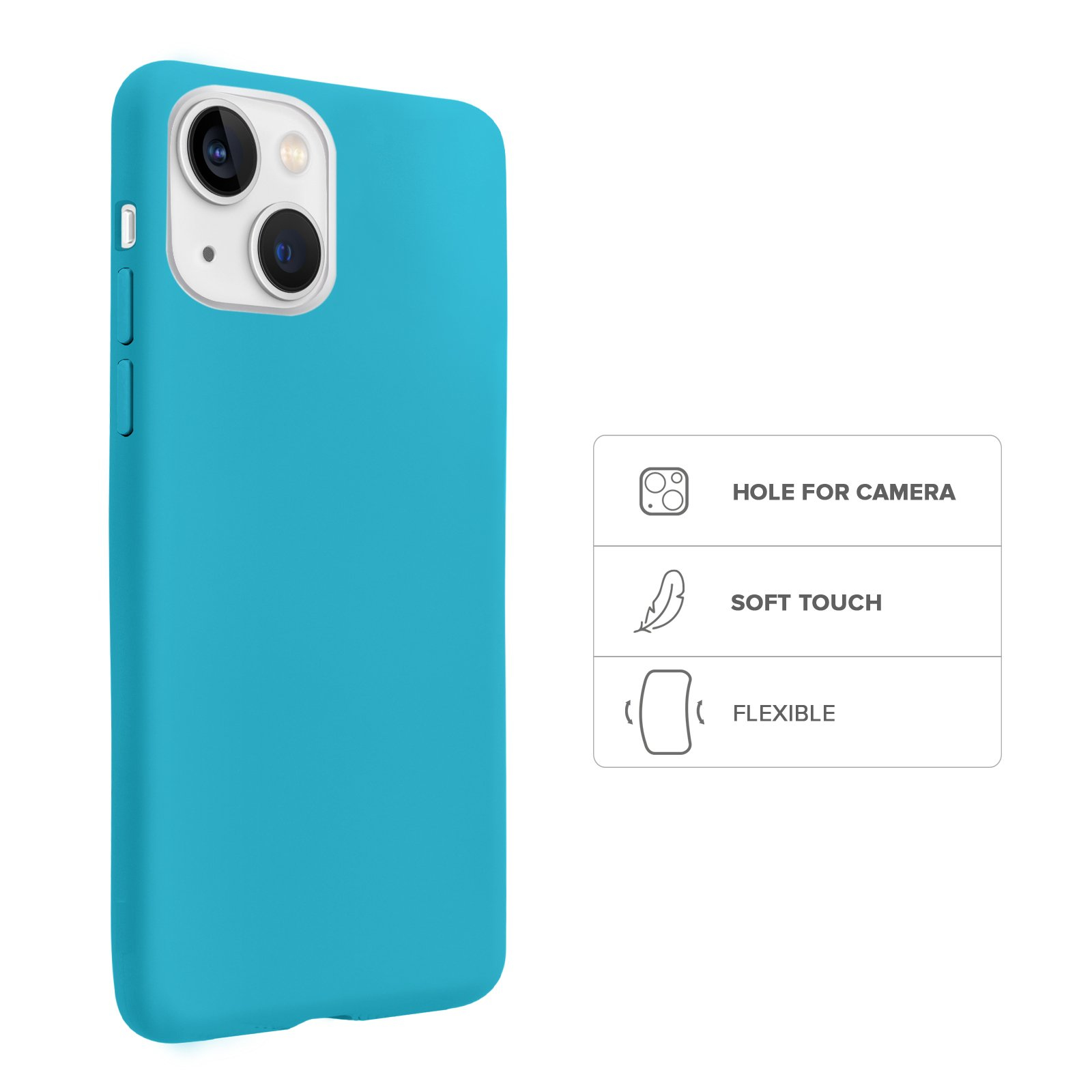 Funda de teléfono turquesa con recorte para cámara, suave y flexible.