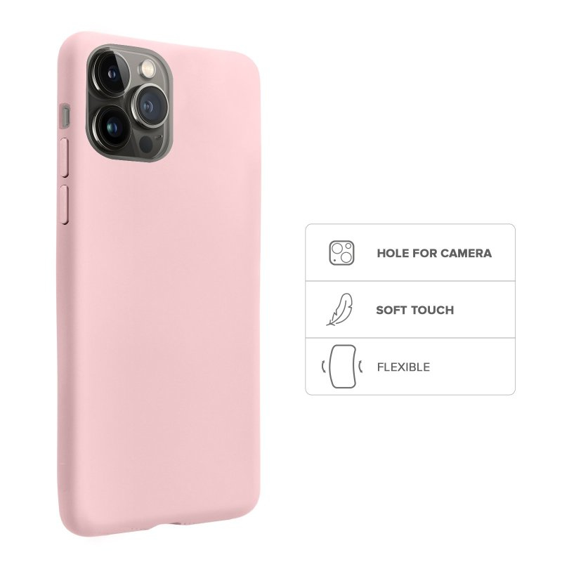 Custodia per telefono rosa con apertura per fotocamera, tocco morbido e materiale flessibile.