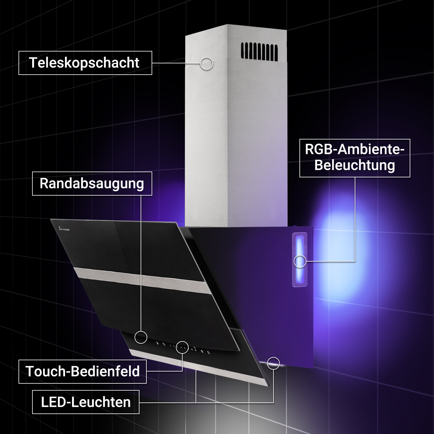 Moderna cappa aspirante con condotto telescopico, aspirazione perimetrale, pannello touch, LED e luce RGB.