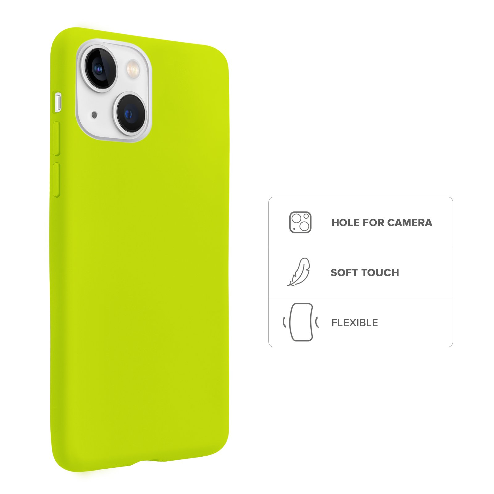 Funda verde neón para móvil con hueco para cámara, tacto suave y material flexible, mostrada con iconos de características.