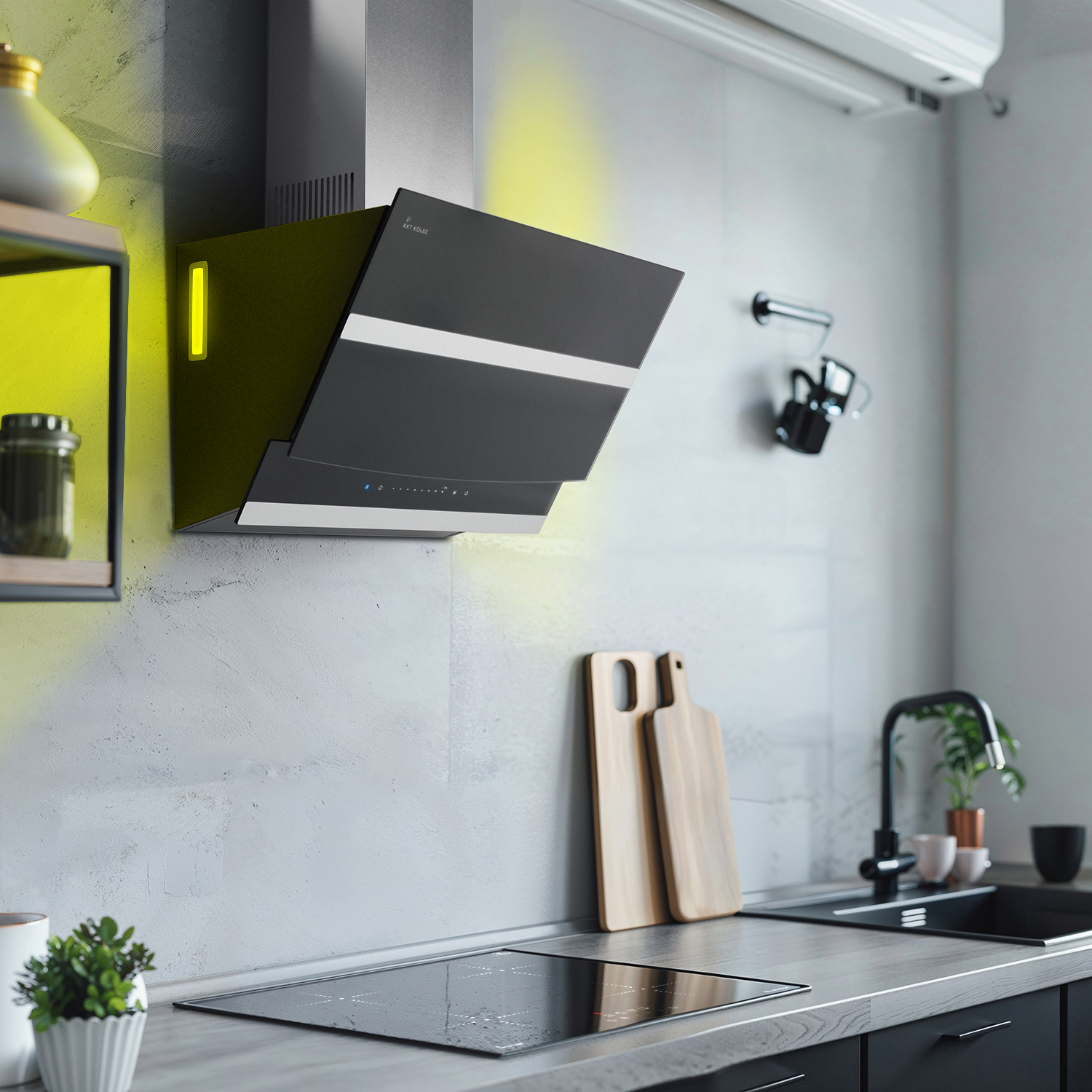 Moderna cappa aspirante nera sopra un piano cottura in una cucina luminosa con accessori in legno.