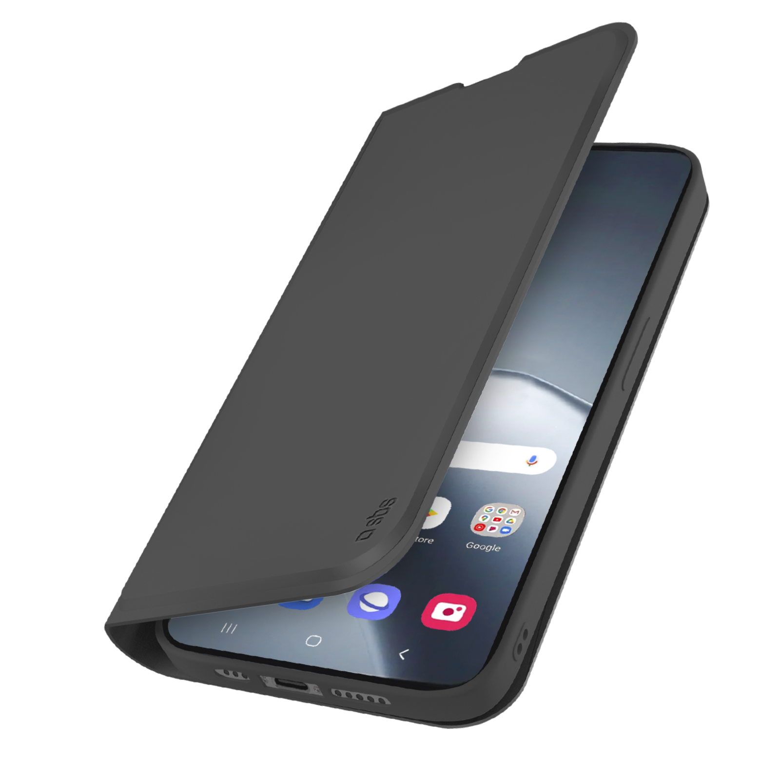 Un teléfono inteligente negro con una funda tipo libro abierta que muestra una pantalla iluminada.