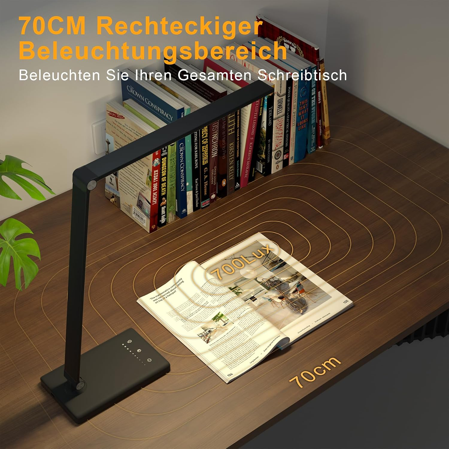 Eine lange schwarze Schreibtischlampe beleuchtet ein aufgeschlagenes Buch auf einem Holztisch, im Hintergrund stehen Bücher.