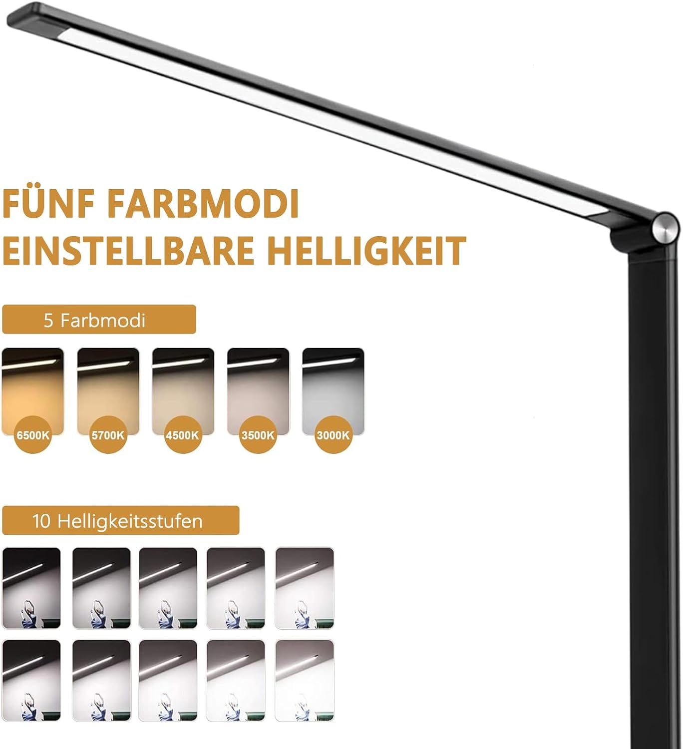 Schwarze LED-Schreibtischlampe mit fünf Farbmodi und zehn Helligkeitsstufen, dargestellt mit Icons.