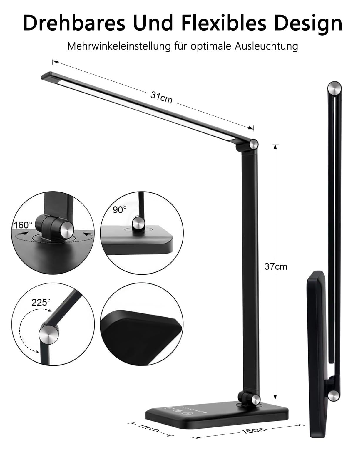 Schwarze LED-Schreibtischlampe mit Maßen, verstellbaren Winkeln und integrierten Touch-Bedienelementen.