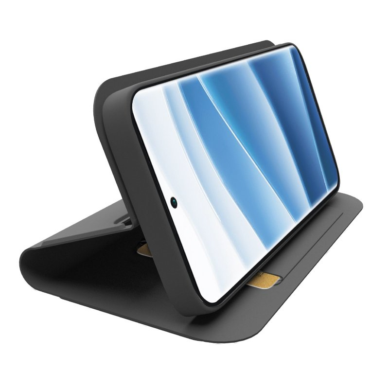 Uno smartphone in una custodia grigia con porta carte si trova su una superficie bianca.