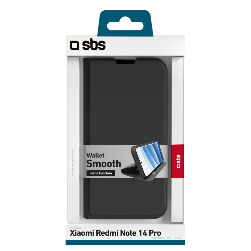 Confezione per custodia nera SBS Wallet Smooth per Xiaomi Redmi Note 14 Pro con funzione stand.