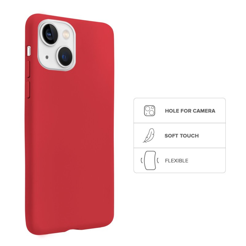 Una funda de smartphone roja con abertura para cámara, tacto suave y diseño flexible mostrados con iconos.