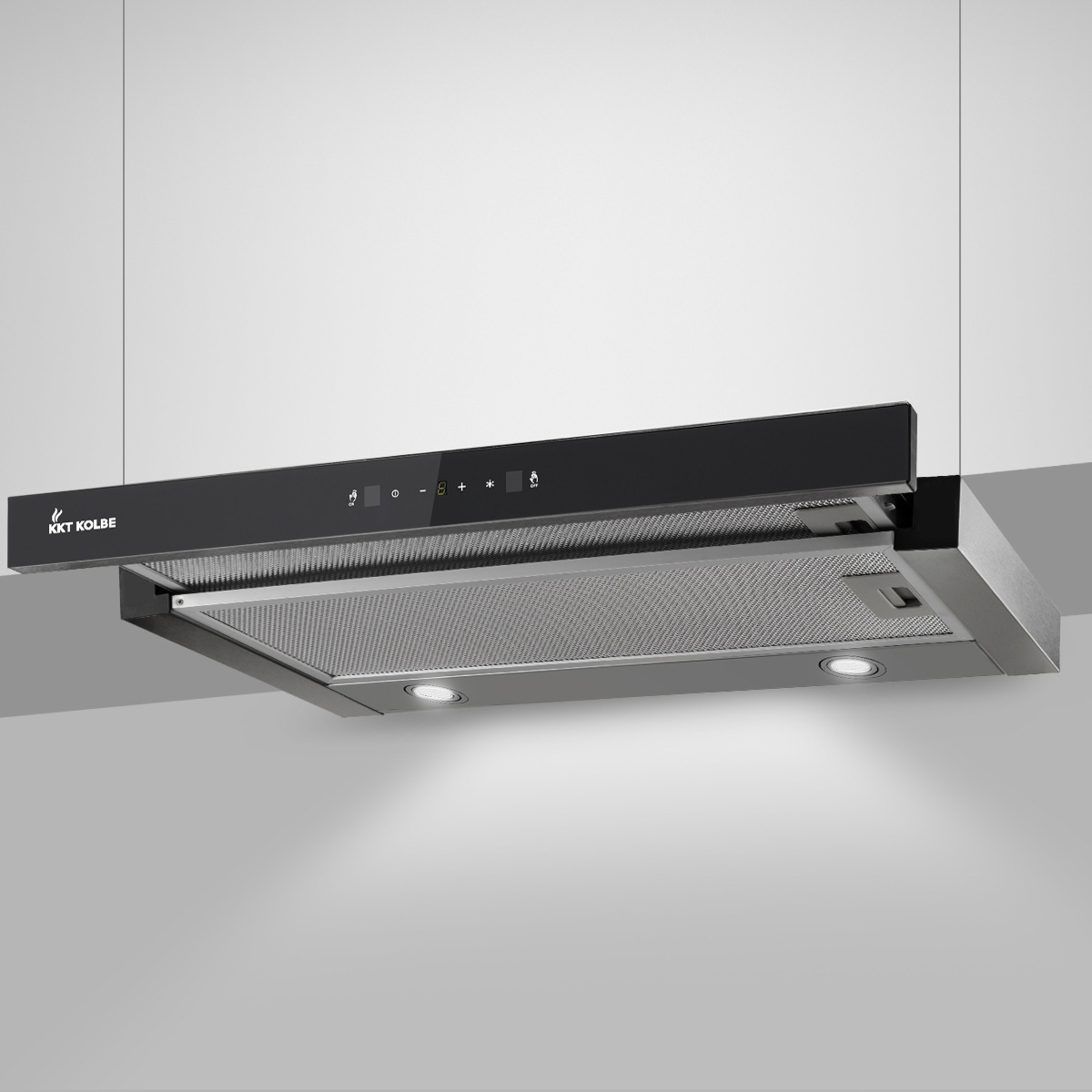 Una cappa aspirante nera KKT Kolbe con filtri metallici e luci LED montata a parete.
