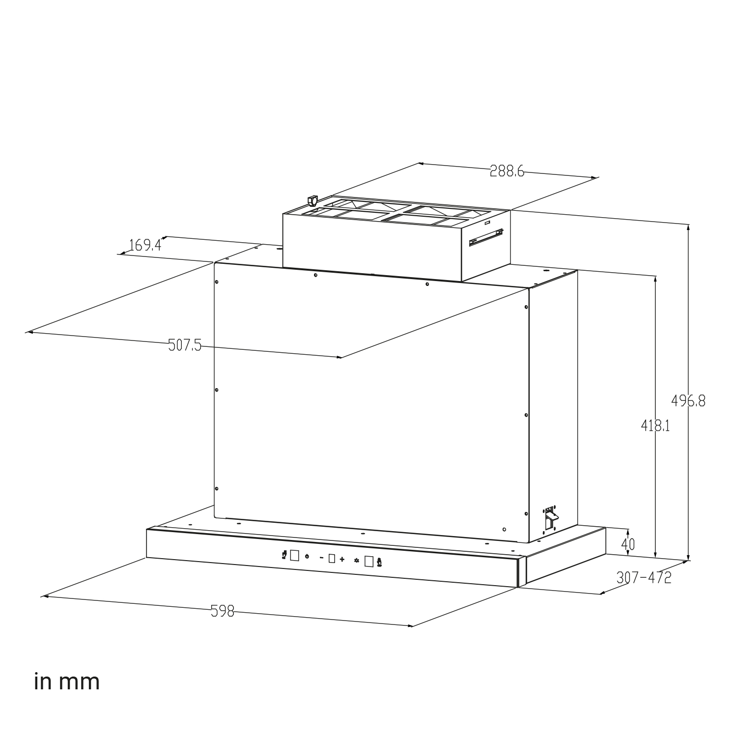 Disegno tecnico di una cappa da cucina con misure dimensionali in millimetri.