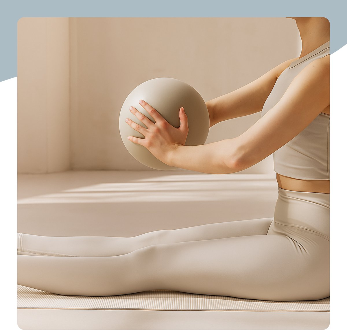 Una persona con ropa deportiva beige sostiene una pelota de pilates con los brazos extendidos.