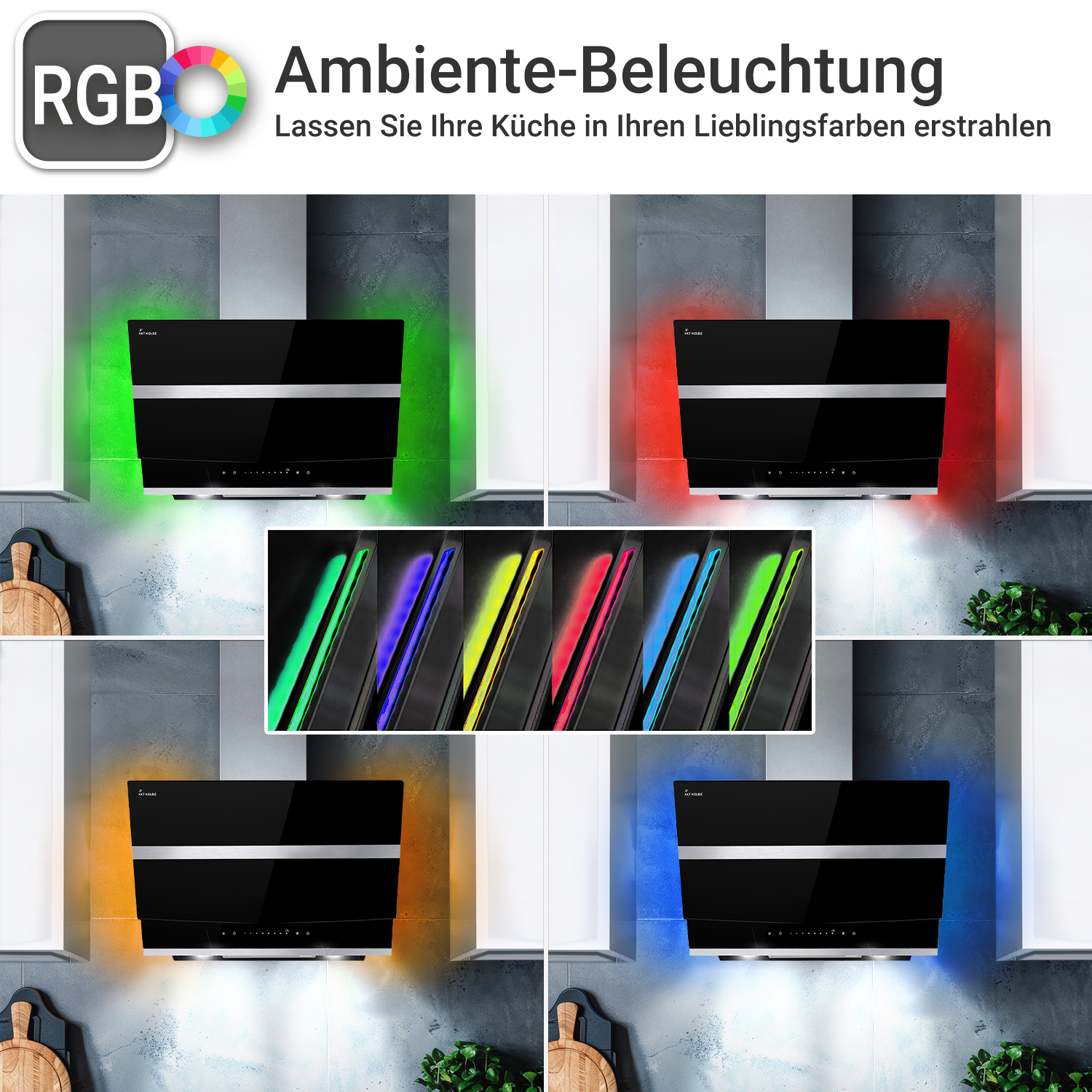 Moderna cappa aspirante nera con retroilluminazione RGB regolabile in vari colori.